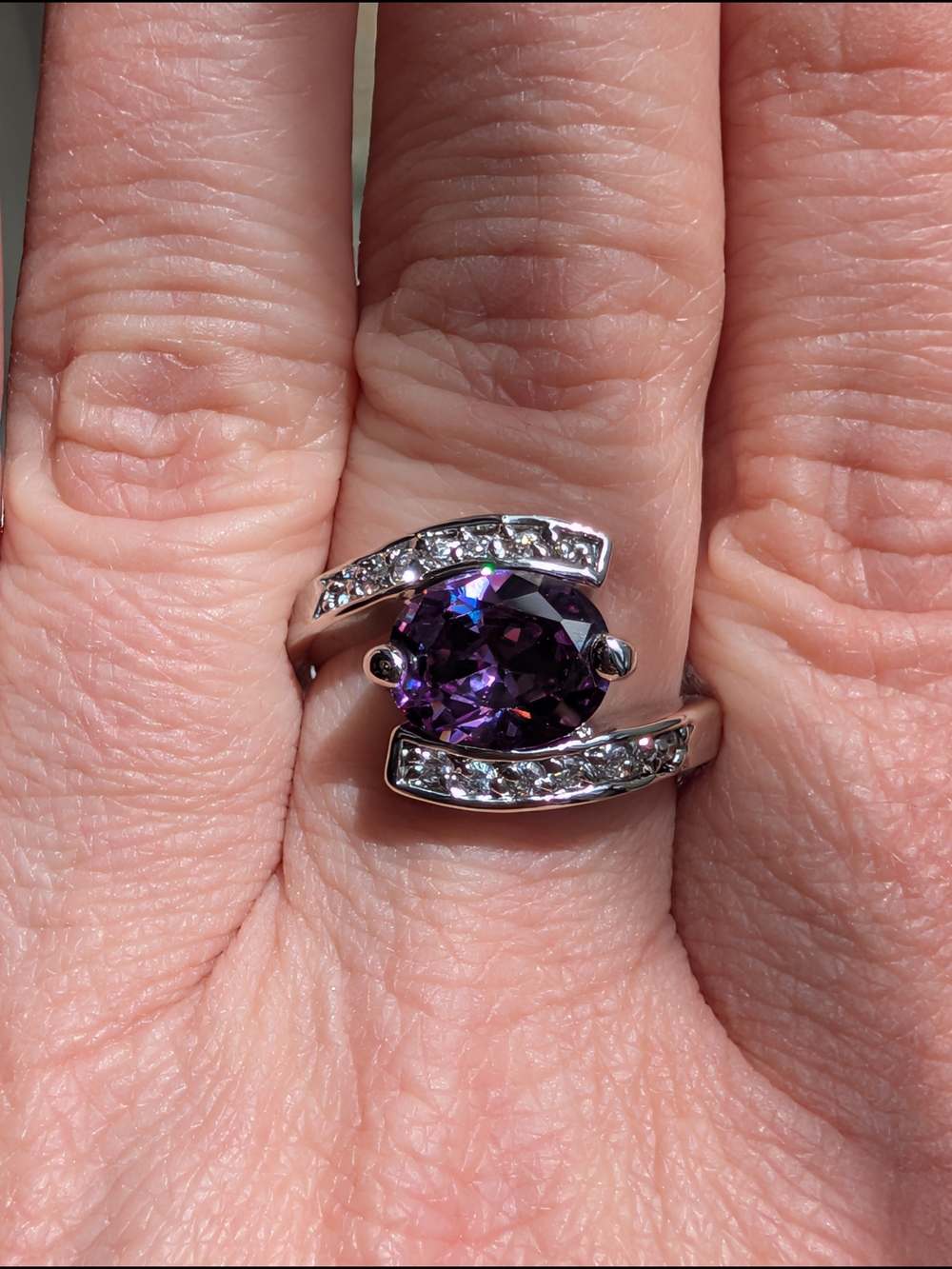 10K White Gold Purple Amethyst Colored Diamond Accent Bypass Ring 6g